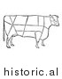 Clipart of a Cow with Beef Cuts Outlined - Black and White Drawing by JVPD