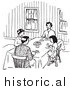 Clipart of a Family Eating at Dinner Table - Black and White Retro Drawing by JVPD