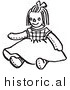 Clipart of a Girl Doll Wearind a Dress - Black and White Line Drawing by JVPD