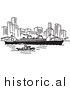 Clipart of a Ship and Boat Traveling near a City - Black and White Line Art by Picsburg