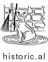 Clipart of a Smiling Cat Beside Fireplace Tools - Black and White Retro Drawing by JVPD
