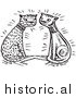 Clipart of Happy Cats Falling in Love - Black and White Retro Drawing by JVPD