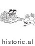 Clipart of Kids Watching a Chipmunk Run Outside - Black and White Outline by JVPD