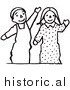 Clipart of Waving Boy and Girl Puppets - Black and White Line Drawing by JVPD