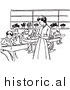 Historical Clipart of a Retro Teacher Watching Students Work in Class - Black and White by JVPD
