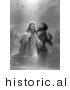 Historical Illustration Depicting Rays of Heavenly Light over Jesus Christ While Being Baptized - Black and White Version by JVPD