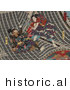 Historical Illustration of 2 Japanese Samurai Men Sword Fighting on a Rooftop by JVPD