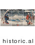Historical Illustration of a Geisha Woman Wearing a Gown and a Man Holding an Umbrella in a Snowy Landscape by JVPD