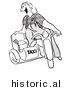 Historical Illustration of a Happy Cartoon Female Taxi Driver Sitting on an Old Motorcycle with Sidecar - Black and White Version by Picsburg