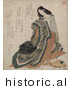 Historical Illustration of a Japanese Woman Holding a Garment and a Folding Fan at Her Feet by JVPD