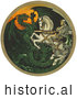 Historical Illustration of a Knight on a White Horse, Battling a Green Dragon by JVPD