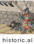 Historical Illustration of a Samurai with Clappers, Man with Rope and a Man Laying on the Ground by JVPD