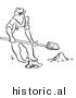 Historical Illustration of a Sneaky Cartoon Man Quietly Trying to Dig a Hole in the Ground with a Shovel - Outlined Version by Picsburg