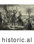 Historical Illustration of Curious Natives Watching a Man Kneeling and Bowing to Christopher Columbus and His Men upon Landing in the New World by JVPD