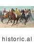 Historical Illustration of Jockeys on Horseback, Ready for a Race by Picsburg