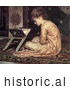 Historical Painting of a Girl Sitting on a Carpet, Reading a Book at a Reading Desk by Frederic Lord Leighton by JVPD