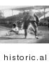 Historical Photo of Baseball Umpire Prepared to Make the Call As a Catcher Tags a Runner - Black and White Version by JVPD