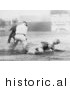Historical Photo of Baseball Umpire Watching a Runner Sliding to Base Before Being Tagged - Black and White Version by JVPD