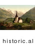 Historical Photochrom of a Church and Swiss Alps, Frutigen, Switzerland by JVPD