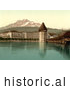 Historical Photochrom of Chapel Bridge, Water Tower and Pilatus, Switzerland by JVPD