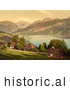 Historical Photochrom of Homes, Church, Lake Thun and Mountains, Switzerland by Picsburg