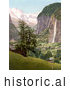 Historical Photochrom of Lauterbrunnen and Staubbach Falls, Interlaken, Berne, Bernese Oberland, Switzerland by JVPD