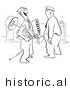 Historical Vector Illustration of a Cartoon Guard Staring at a Happy Man Carrying His Office Belongings - Black and White Outlined Version by Picsburg