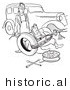Historical Vector Illustration of a Cartoon Husband and Wife Struggling with Flat Car Tire Repair - Black and White Outlined Version by Picsburg