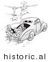 Historical Vector Illustration of a Cartoon People Riding in the Trunk of an Old Car - Outlined Version by JVPD