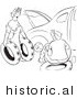 Historical Vector Illustration of a Cartoon Wife Trying to Help Her Husband Fix a Car with Flat Tires - Black and White Outlined Version by Picsburg