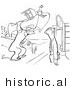 Historical Vector Illustration of a Curious Cartoon Man Talking to a Mover Carrying Heavy Household Items - Black and White Outlined Version by Picsburg