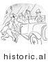 Historical Vector Illustration of a Happy Cartoon Morning Person Getting a Ride to Work with a Car Full of Grumpy People - Black and White Outlined Version by Picsburg