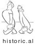 Historical Vector Illustration of a Happy Cartoon Worker Man and Woman Walking in Different Directions While Smiling - Black and White Outlined Version by Picsburg