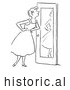 Historical Vector Illustration of a Happy Girl Smiling at Herself in Front of a Mirror - Black and White by Picsburg