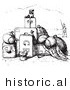 Historical Vector Illustration of a Little Dog Sitting on a Pile of Luggage - Black and White Version by Picsburg