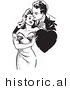 Historical Vector Illustration of a Loving Retro Couple Embracing with a Love Heart - Black and White Version by JVPD