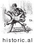 Historical Vector Illustration of a Man Beating up a Guard - Black and White Version by Picsburg
