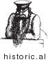 Historical Vector Illustration of a Man Leaning on a Counter with a Big Beard - Black and White Version by Picsburg