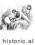 Historical Vector Illustration of a Man Tucking His Tired Friend into Bed - Black and White Version by Picsburg