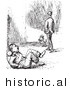 Historical Vector Illustration of a Man Walking Away After Beating a Guard up - Black and White Version by Picsburg