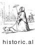 Historical Vector Illustration of a Obese Lady Walking a Dog with a Tiny Umbrella - Black and White Version by Picsburg