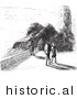 Historical Vector Illustration of a People Walking near Castle Ruins - Black and White Version by Picsburg
