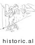 Historical Vector Illustration of a Raging Mad Cartoon Male Worker Repairing a Broken Fence Panel As a Plane Crashes Through Another Section of His Fence - Black and White Outlined Version by JVPD