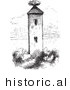 Historical Vector Illustration of a Stork Nest on a Tower - Black and White Version by JVPD