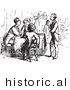 Historical Vector Illustration of a Waiter Assisting Tired Travelers - Black and White Version by Picsburg
