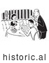 Historical Vector Illustration of a Young Couple Looking over a Menu While a Waiter Takes Their Order at a Restaurant - Black and White by JVPD