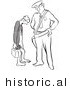 Historical Vector Illustration of an Intimidating Cartoon Police Officer Staring at an Embarrassed Man Who Forgot Pants to Put Pants on Before Leaving Home - Black and White Outlined Version by Picsburg