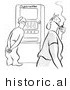Historical Vector Illustration of an Undecided Cartoon Man Standing in Front of a Cigarette Machine While Watching a Happy Woman Walk by Smoking a Pipe - Black and White Outlined Version by JVPD