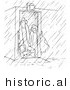 Historical Vector Illustration of Cartoon Male Workers Standing Inside an Opened Door Looking out into a Rain Storm - Black and White Outlined Version by Picsburg