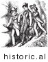 Historical Vector Illustration of Men Hiking Downhill - Black and White Version by Picsburg